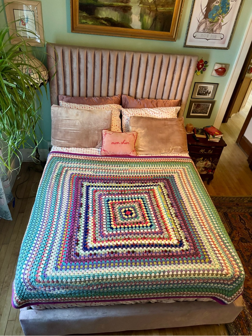Vintage Handmade Multicolor Afghan Crocheted “Granny Core” Throw Blanket